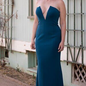 New Katie May Crush Gown in Dark Teal V neck strapless maxi blue bridesmaid